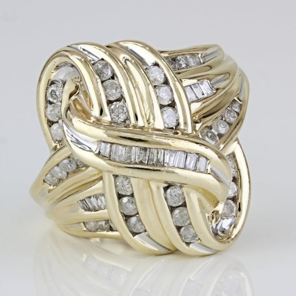 Vintage 10k Yellow Gold Diamond Knot Ribbon Swirl Cocktail Ring - Picture 1 of 6